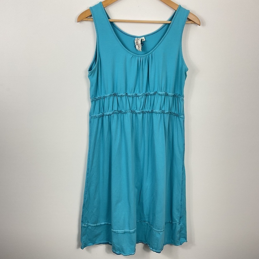 AdventurA turquoise organic cotton sleeveless dress LRG embroidered flower